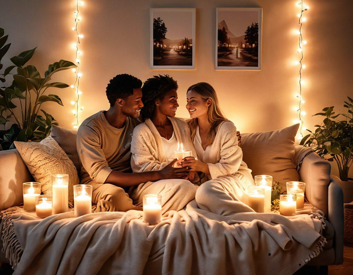 A cozy scene depicting a couple sharing a heartfelt moment in a warm, inviting living room, surrounded by soft blankets and glowing candles. Include symbols of love like hearts and intertwined hands, with a backdrop of family photos and plants that represent growth. Soft, earthy color palette to evoke warmth and joy. dreamy, warm lighting. 3D.