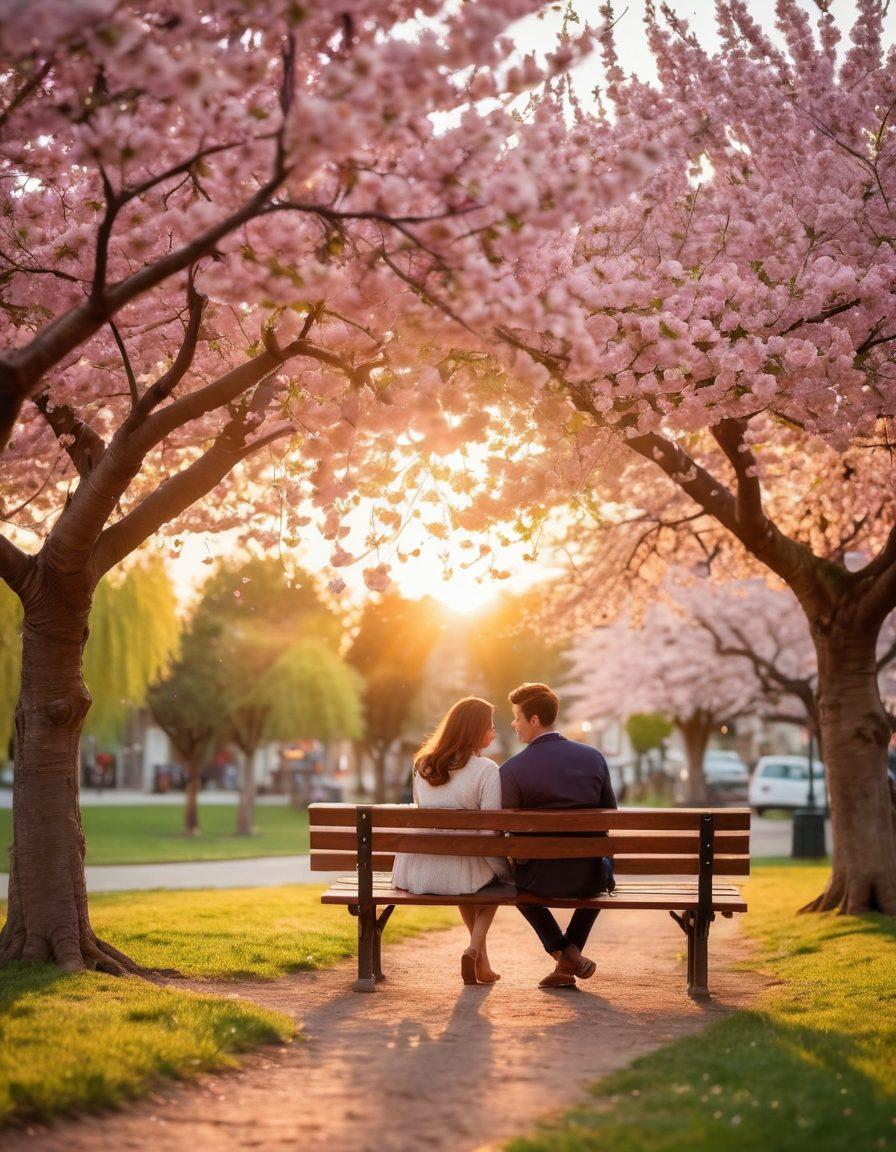 A romantic scene depicting a couple sitting on a park bench under a blooming cherry blossom tree, sharing intimate laughter while holding hands. Surround the couple with floating hearts and soft glowing lights to symbolize devotion and passion. In the background, a picturesque sunset adds warmth to the atmosphere. dreamy and whimsical style. vibrant colors. soft focus.
