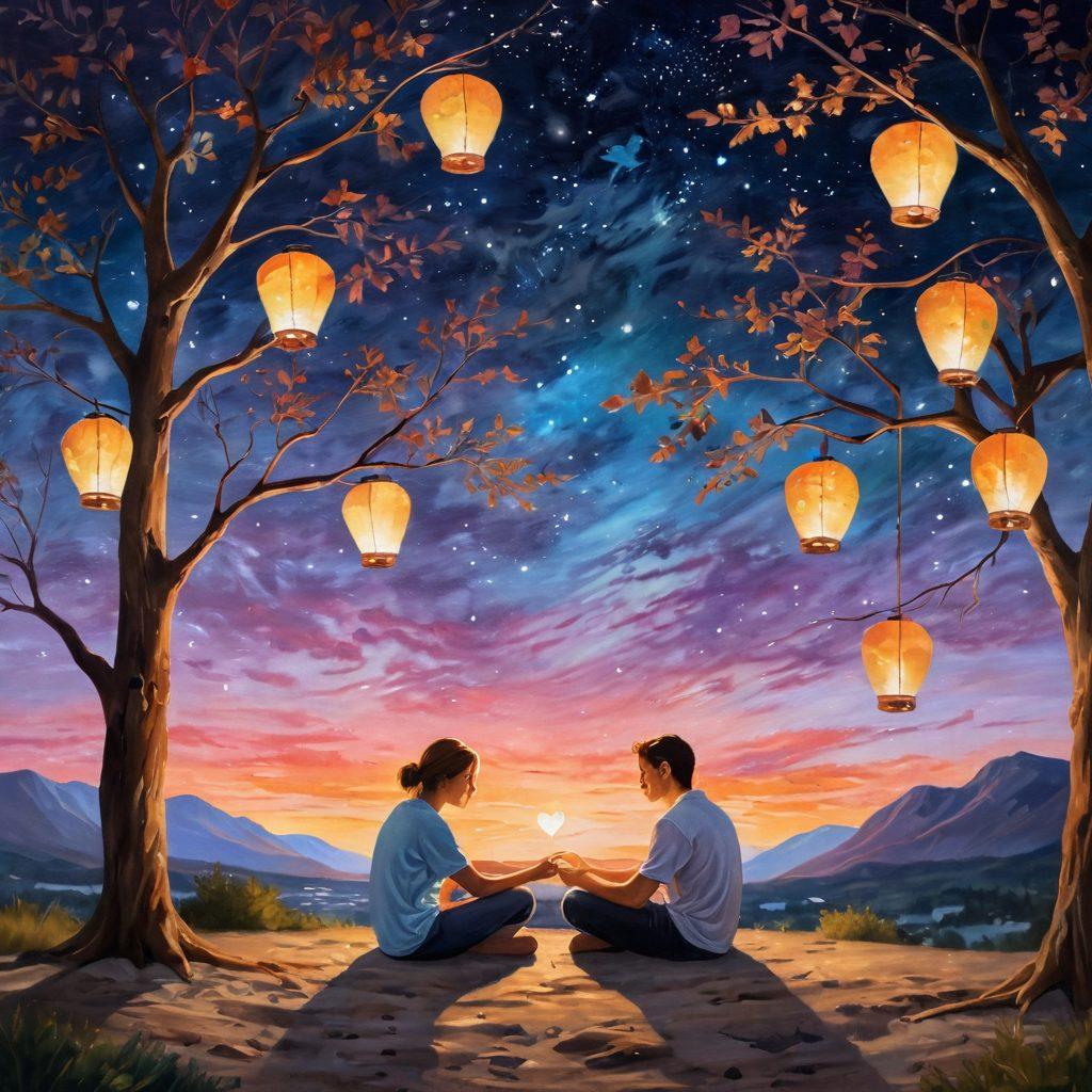 A warm, intimate scene depicting a couple sitting together under a starry sky, sharing a heartfelt conversation. Surround them with symbols of love like intertwined hearts and glowing lanterns, while a soft, soothing color palette enhances the emotional depth. Capture the essence of connection and vulnerability in their expressions. painting. vibrant colors. soft focus.